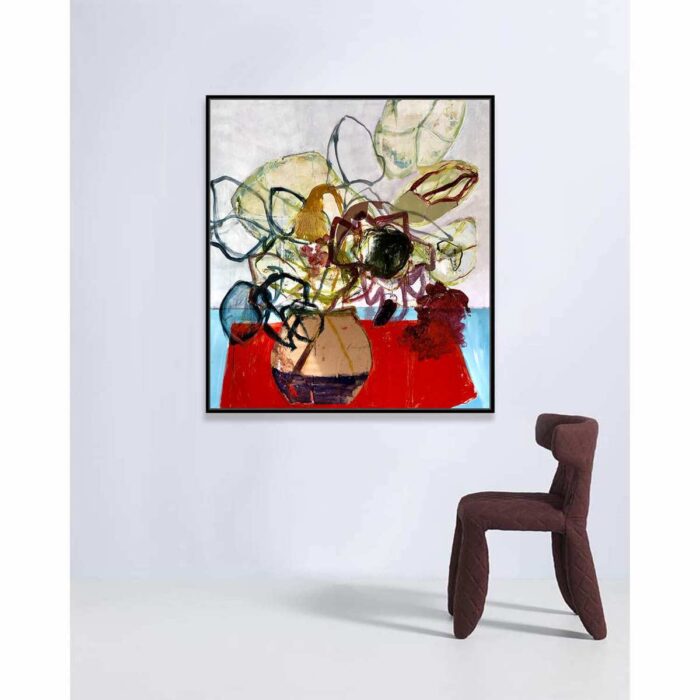 SOLD - Red Table Cloth And Floral Arrangement - Image 2